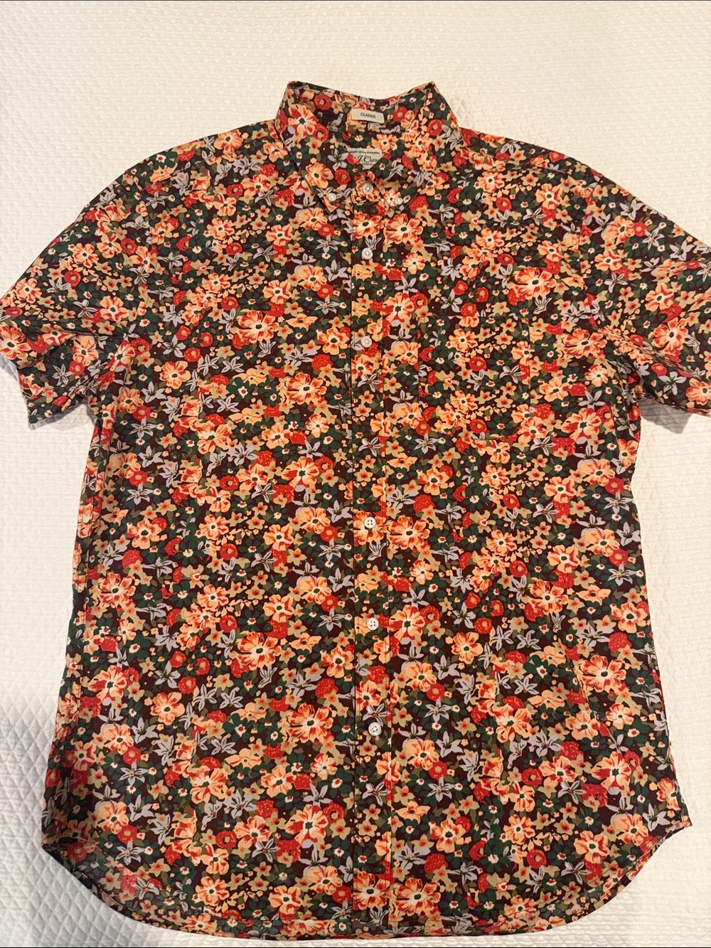 J. Crew Short-Sleeve Floral Button-Down Shirt - Green/Orange/Red